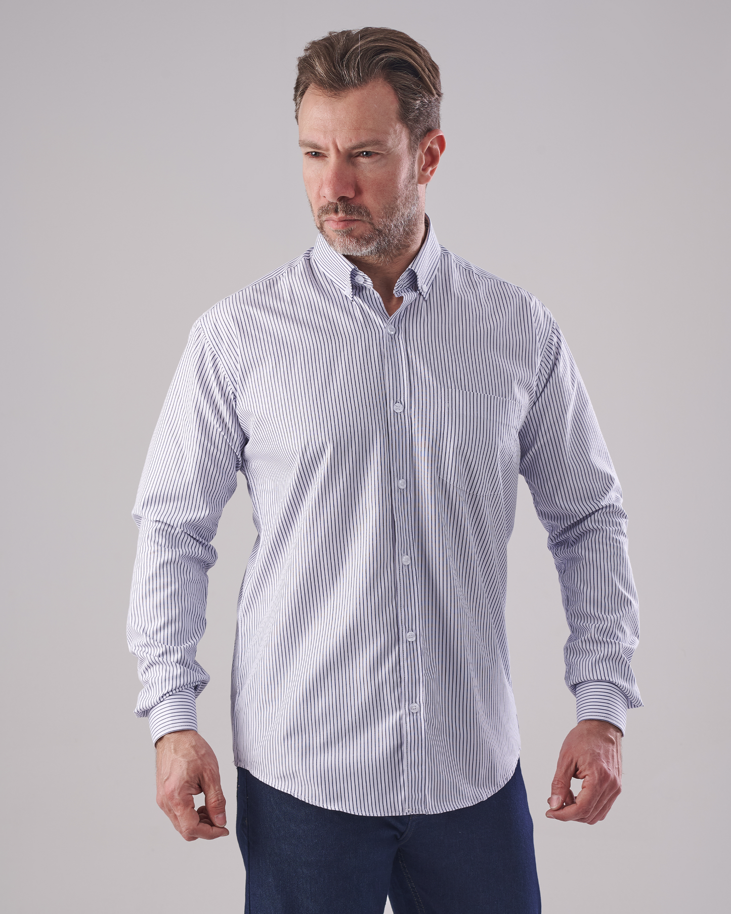 White Shirt with Navy Pinstripes