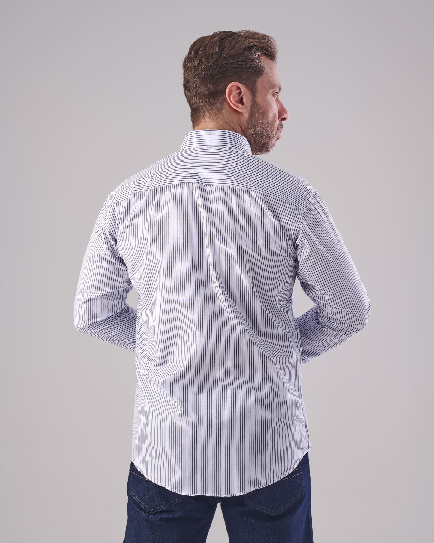 White Shirt with Navy Pinstripes