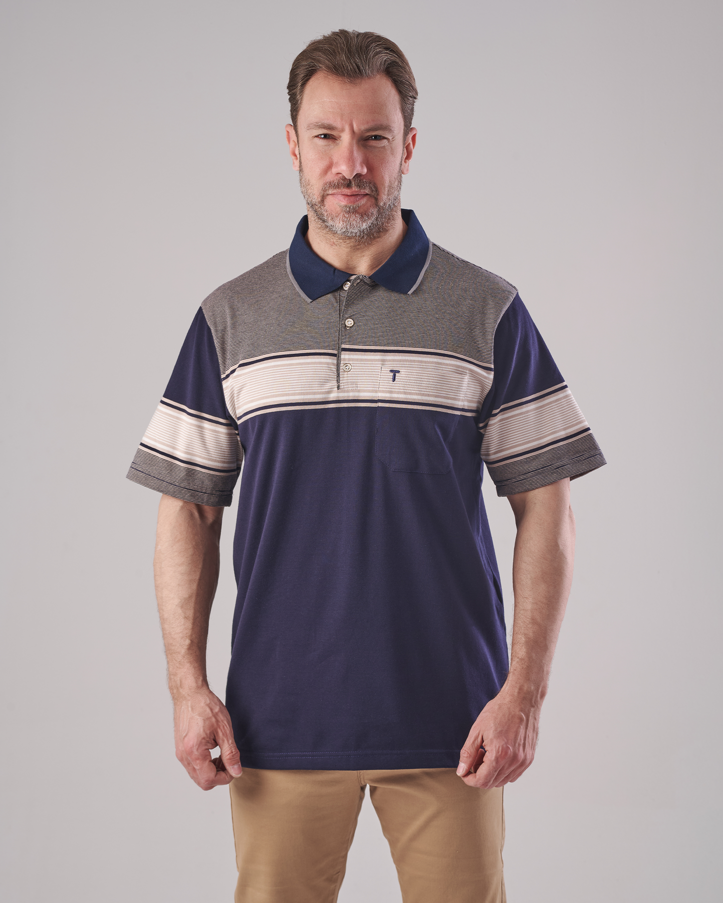 Navy Polo T-Shirt with Beige Striped Yoke