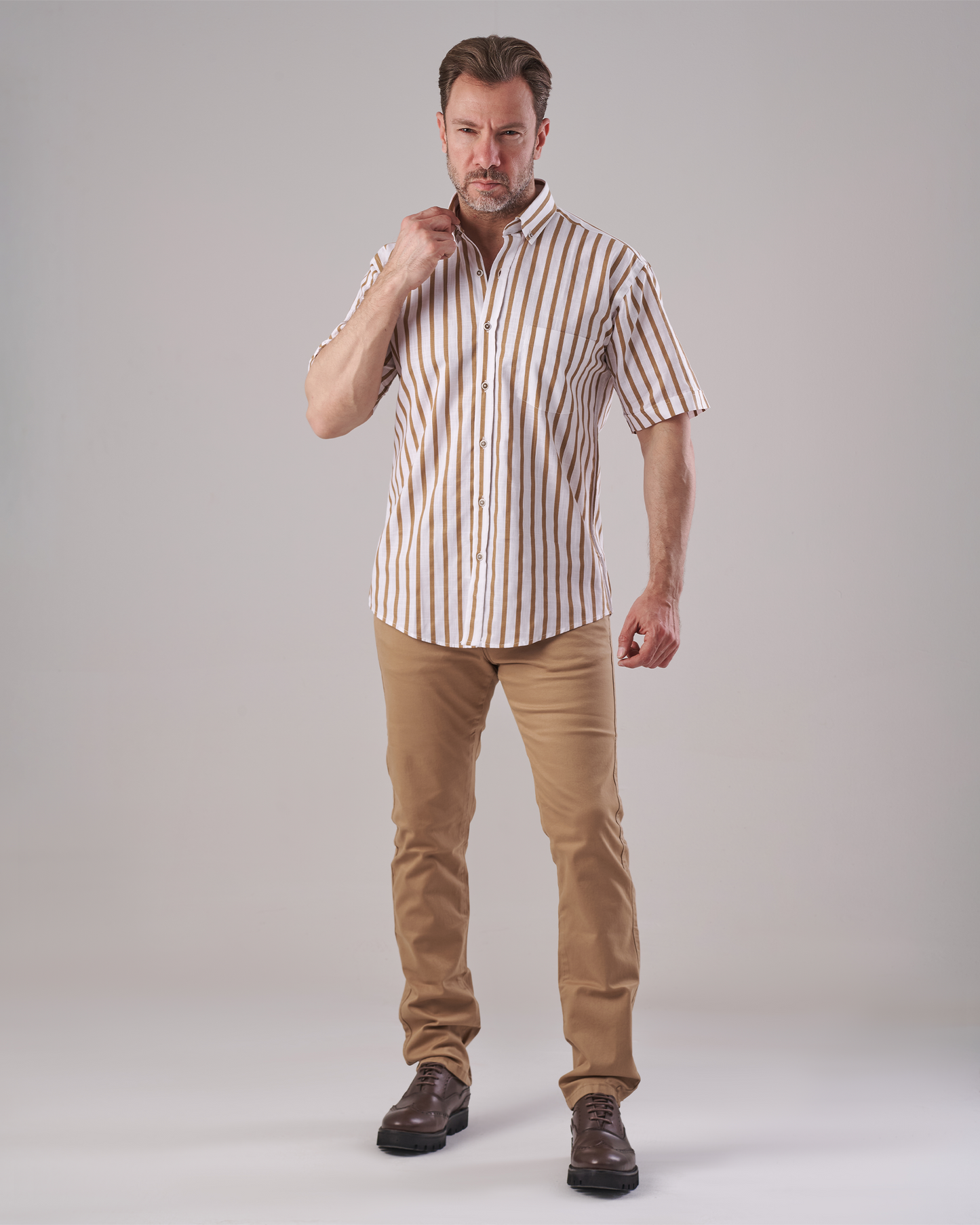 White Shirt with Wide Golden-Brown Stripes