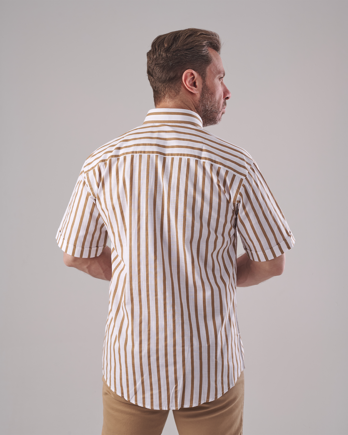 White Shirt with Wide Golden-Brown Stripes