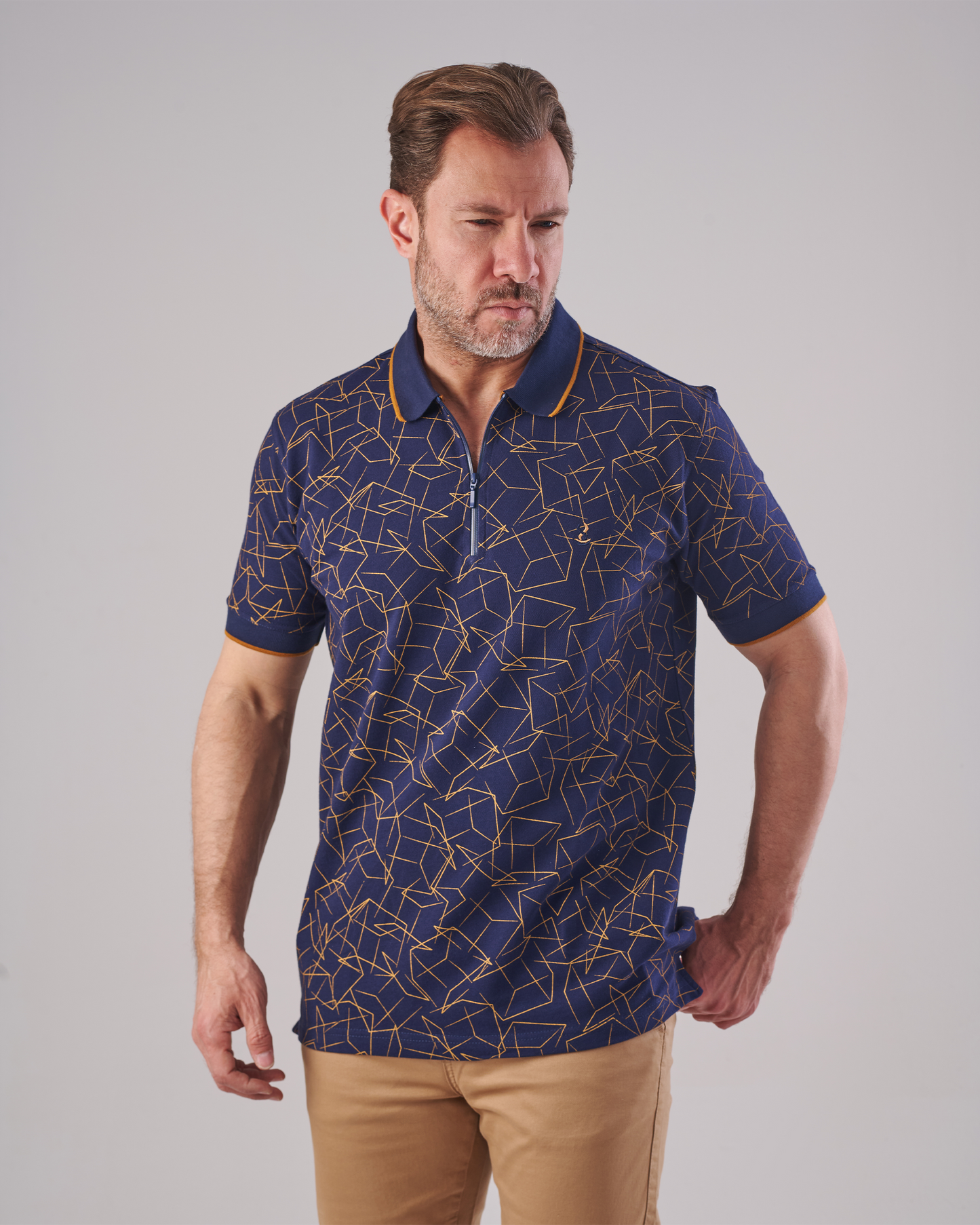Navy Polo T-Shirt – Brown Pattern
