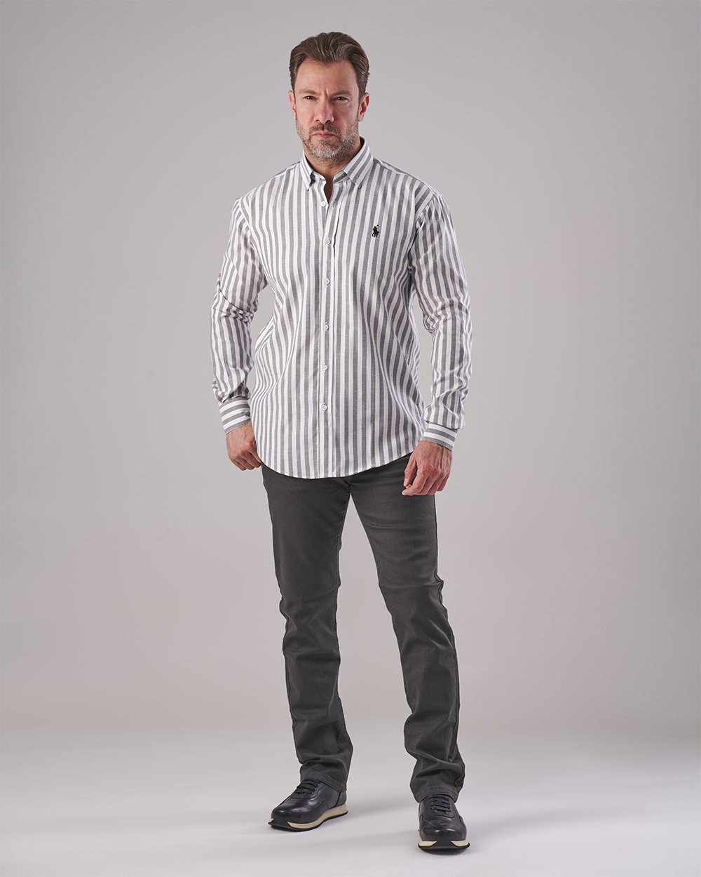 Oxford Shirt – White with Light Olive Wide Stripes