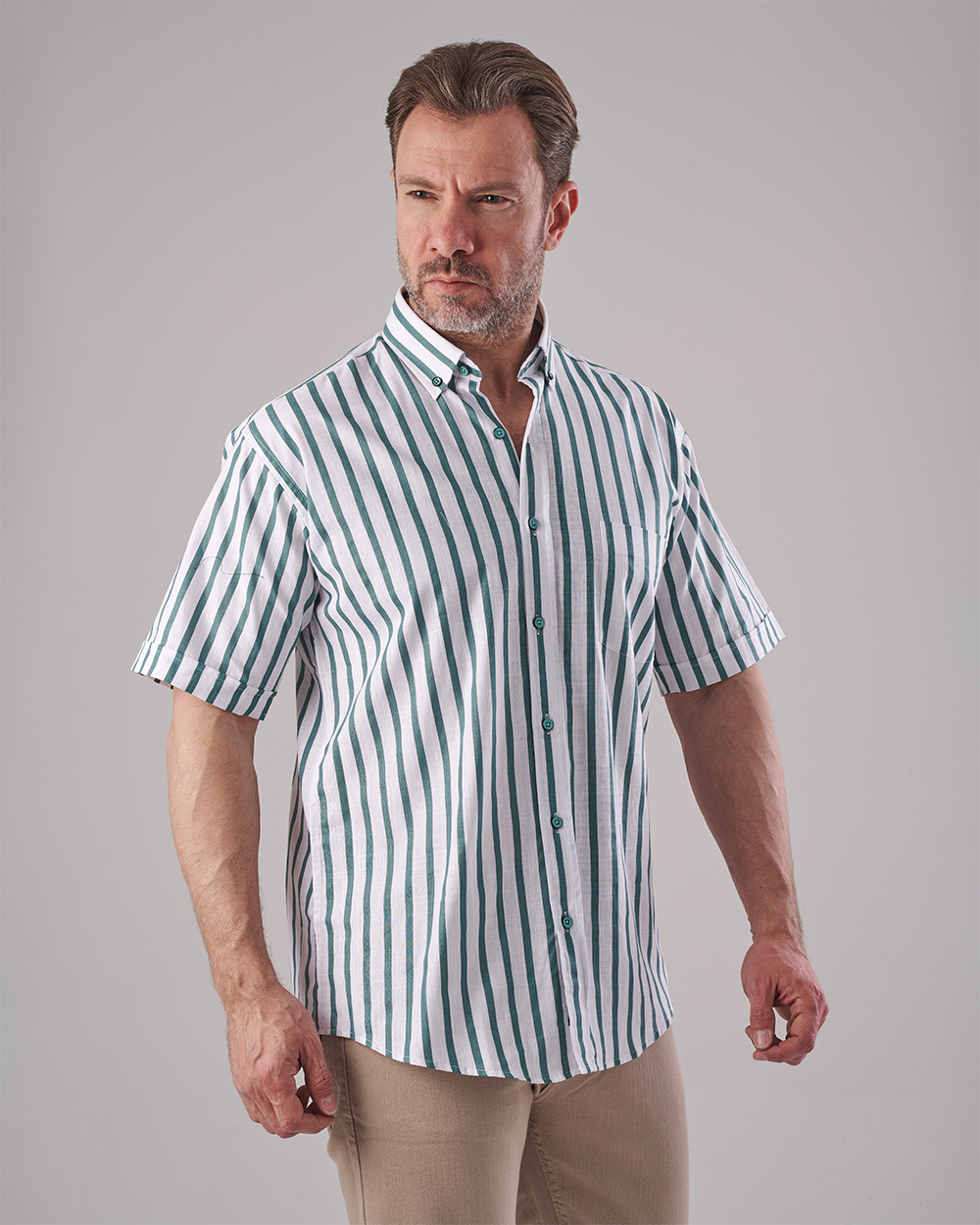 White Short Sleeve Shirt - Green Bold Stripe