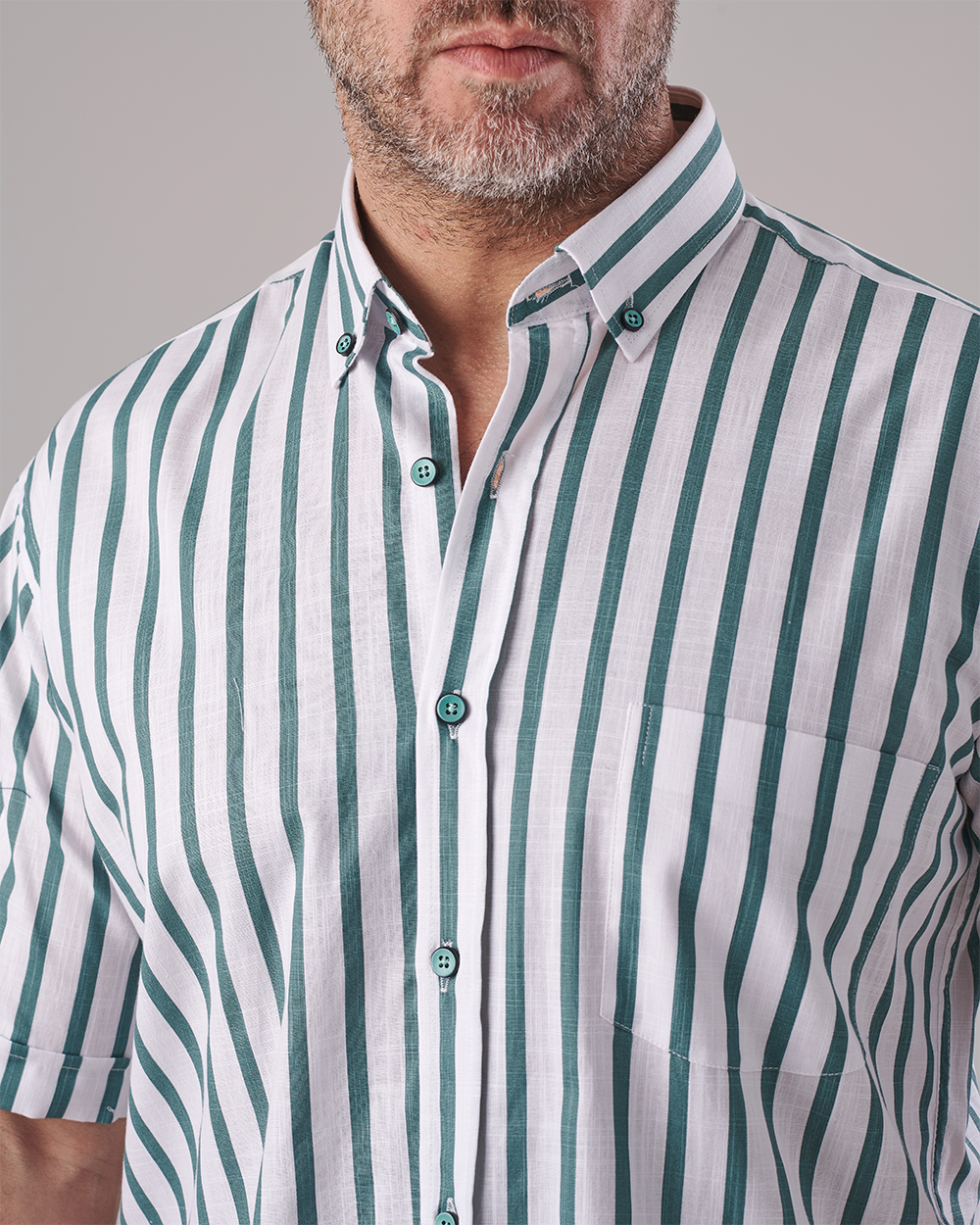 White Short Sleeve Shirt - Green Bold Stripe