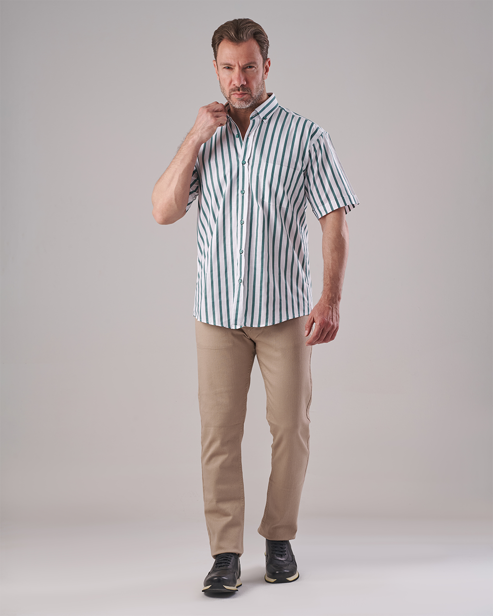 White Short Sleeve Shirt - Green Bold Stripe