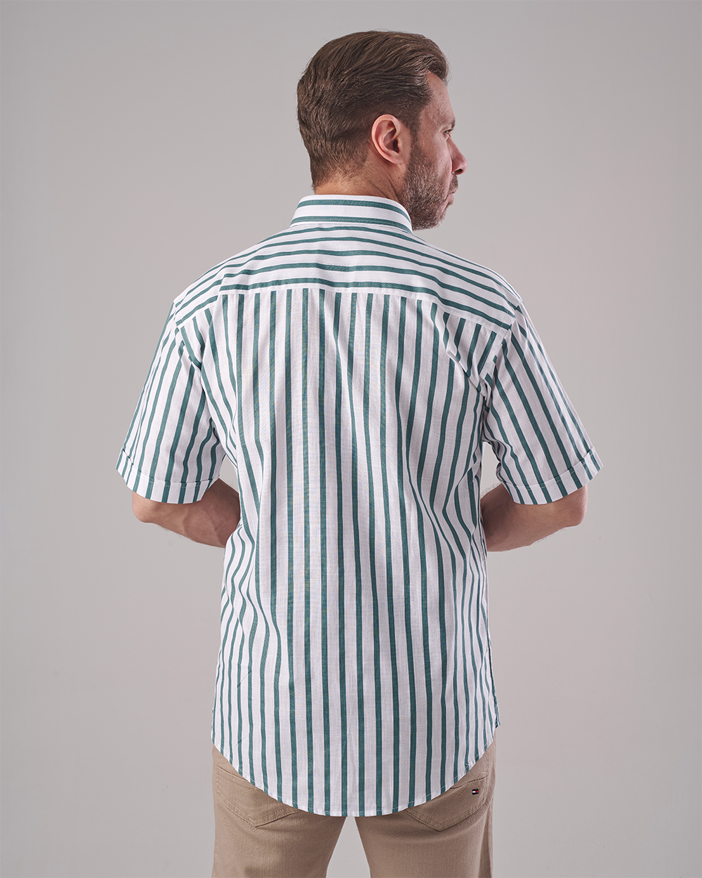 White Short Sleeve Shirt - Green Bold Stripe