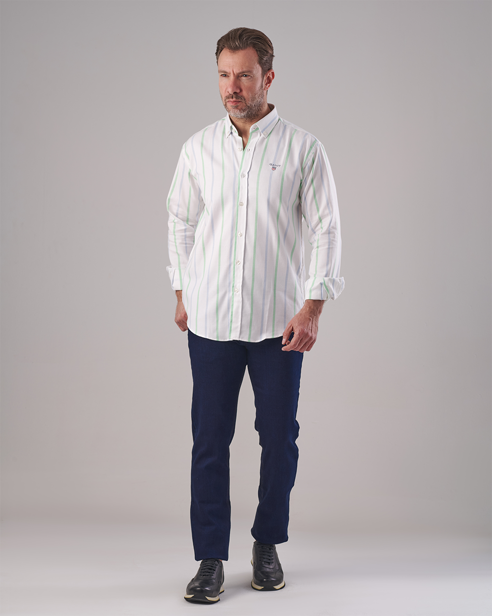White Oxford Shirt - Vertical Stripes in Light Blue & Green