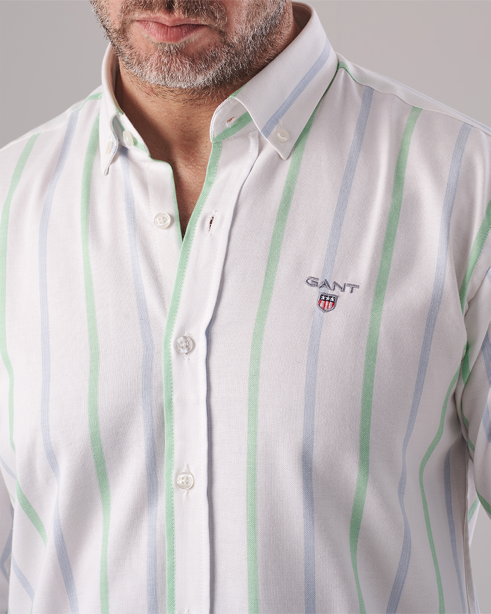 White Oxford Shirt - Vertical Stripes in Light Blue & Green