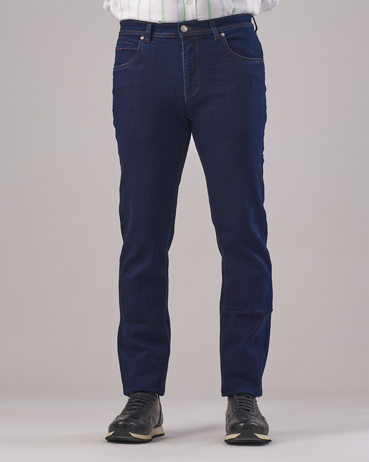 Blue Denim Jeans - Brown-Gold Stitching