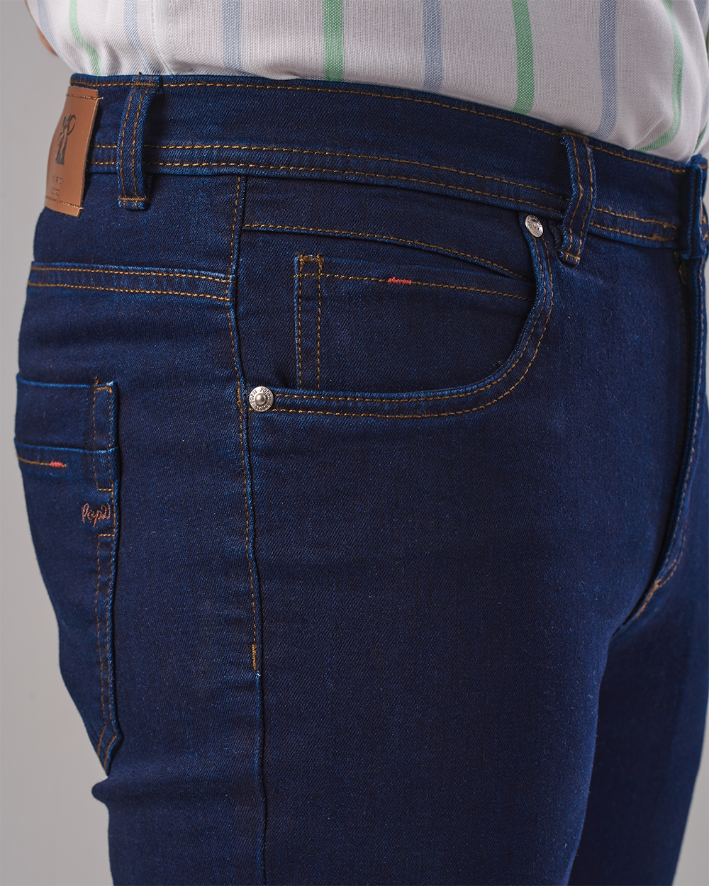 Blue Denim Jeans - Brown-Gold Stitching