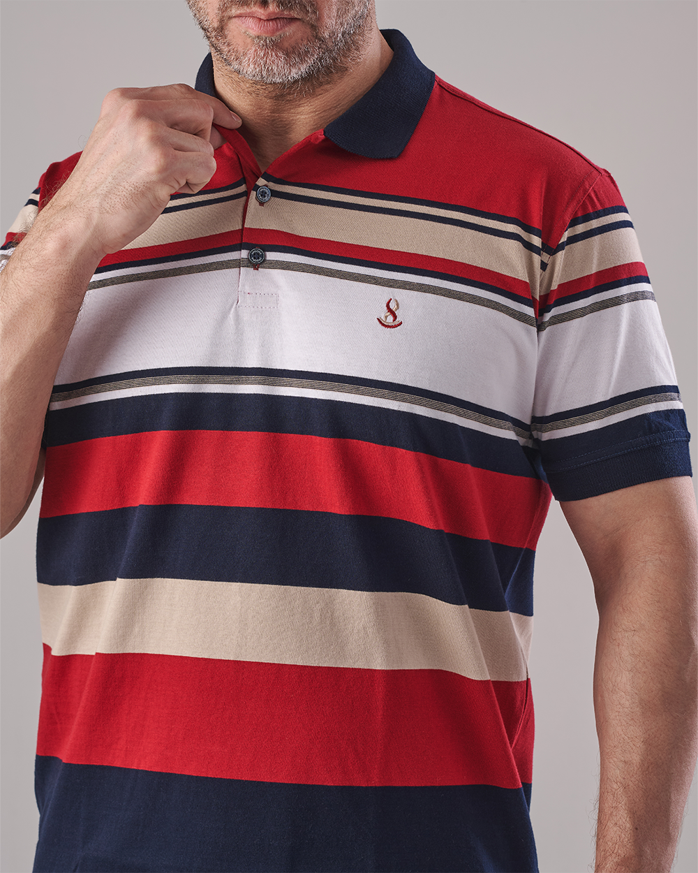 Multi-Stripe Polo T-shirt - Navy Collar
