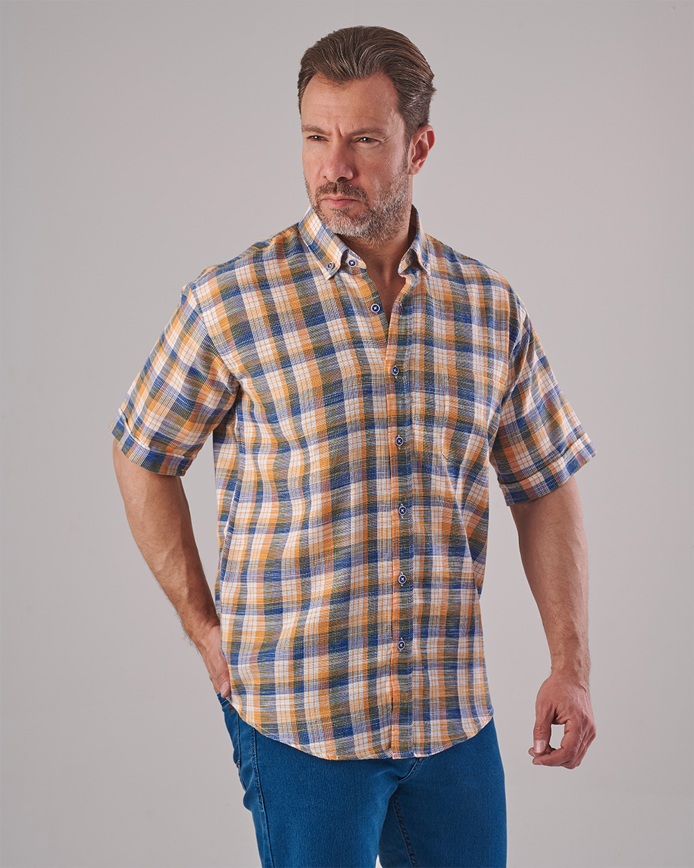 Orange-Blue-White Checkered Short Sleeve Shirt