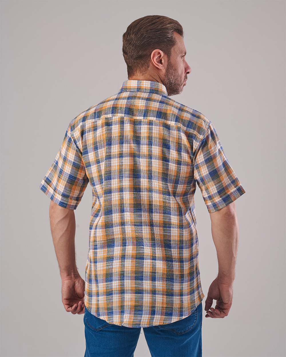 Orange-Blue-White Checkered Short Sleeve Shirt