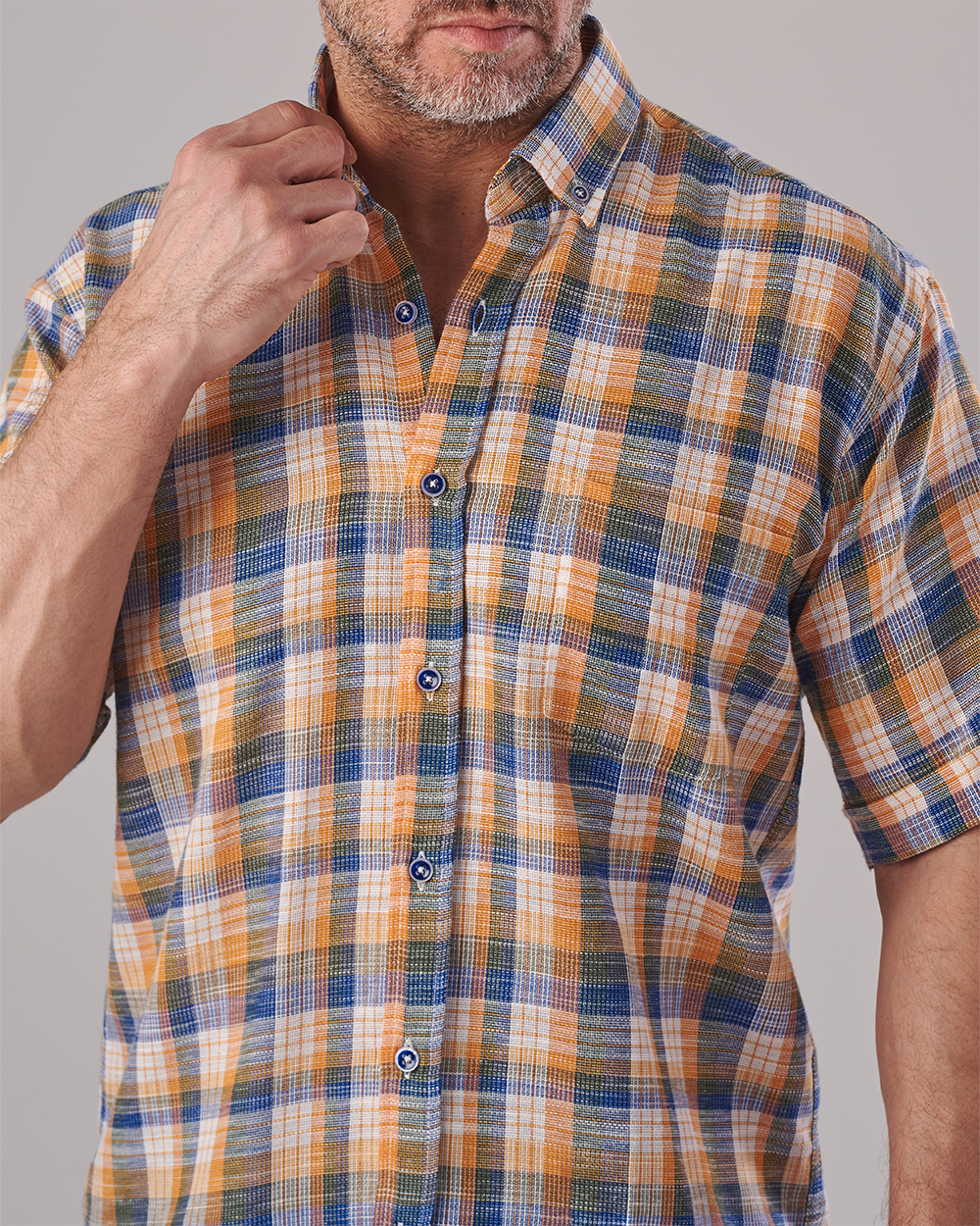 Orange-Blue-White Checkered Short Sleeve Shirt