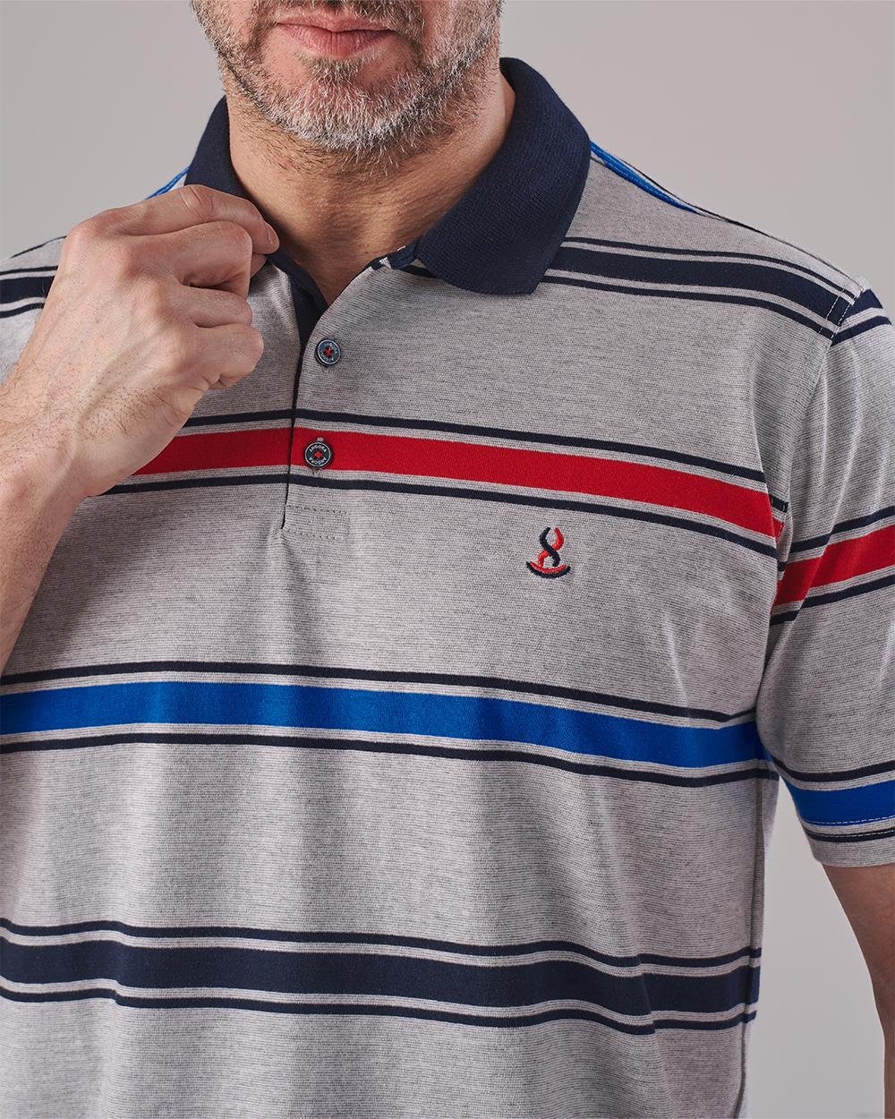 Silver Grey Polo T-shirt – Horizontal Stripes in Navy, Red & Blue