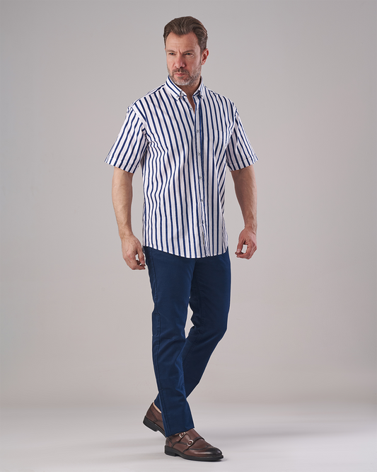 White Short Sleeve Shirt – Wide Blue Vertical Stripe