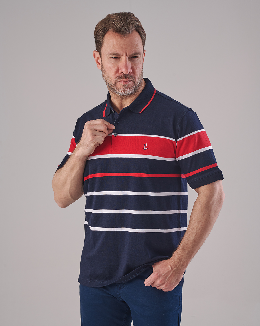 Navy Polo T-shirt - Horizontal Stripes in Red & White