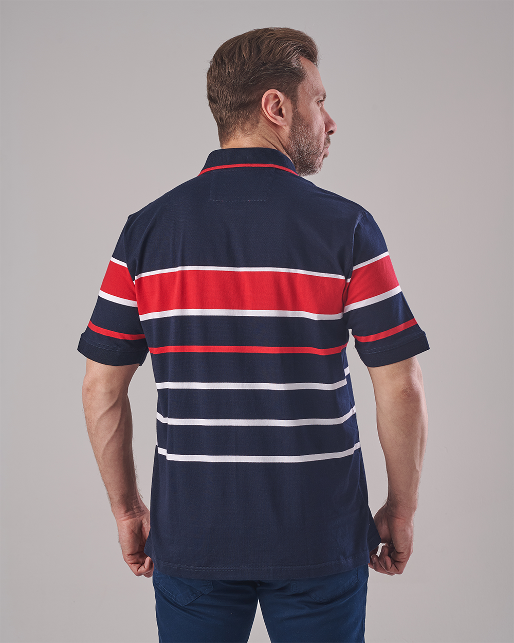 Navy Polo T-shirt - Horizontal Stripes in Red & White