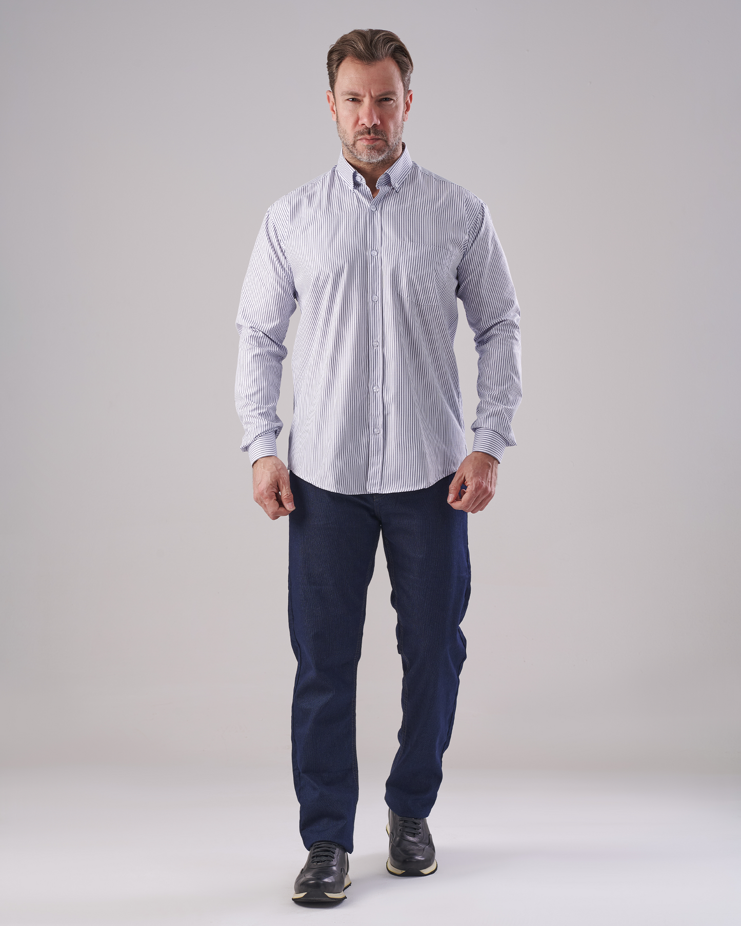 White Shirt with Navy Pinstripes