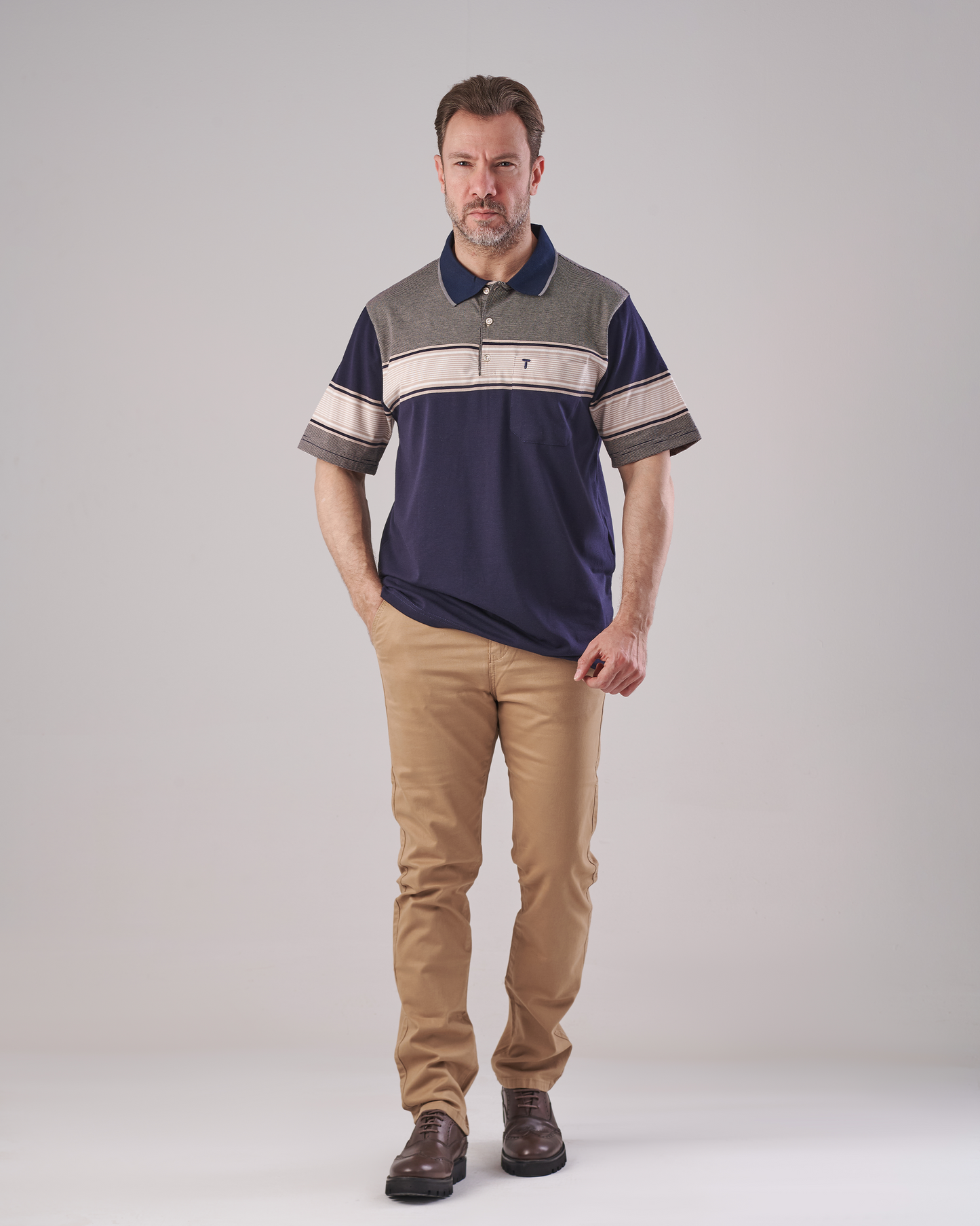 Navy Polo T-Shirt with Beige Striped Yoke