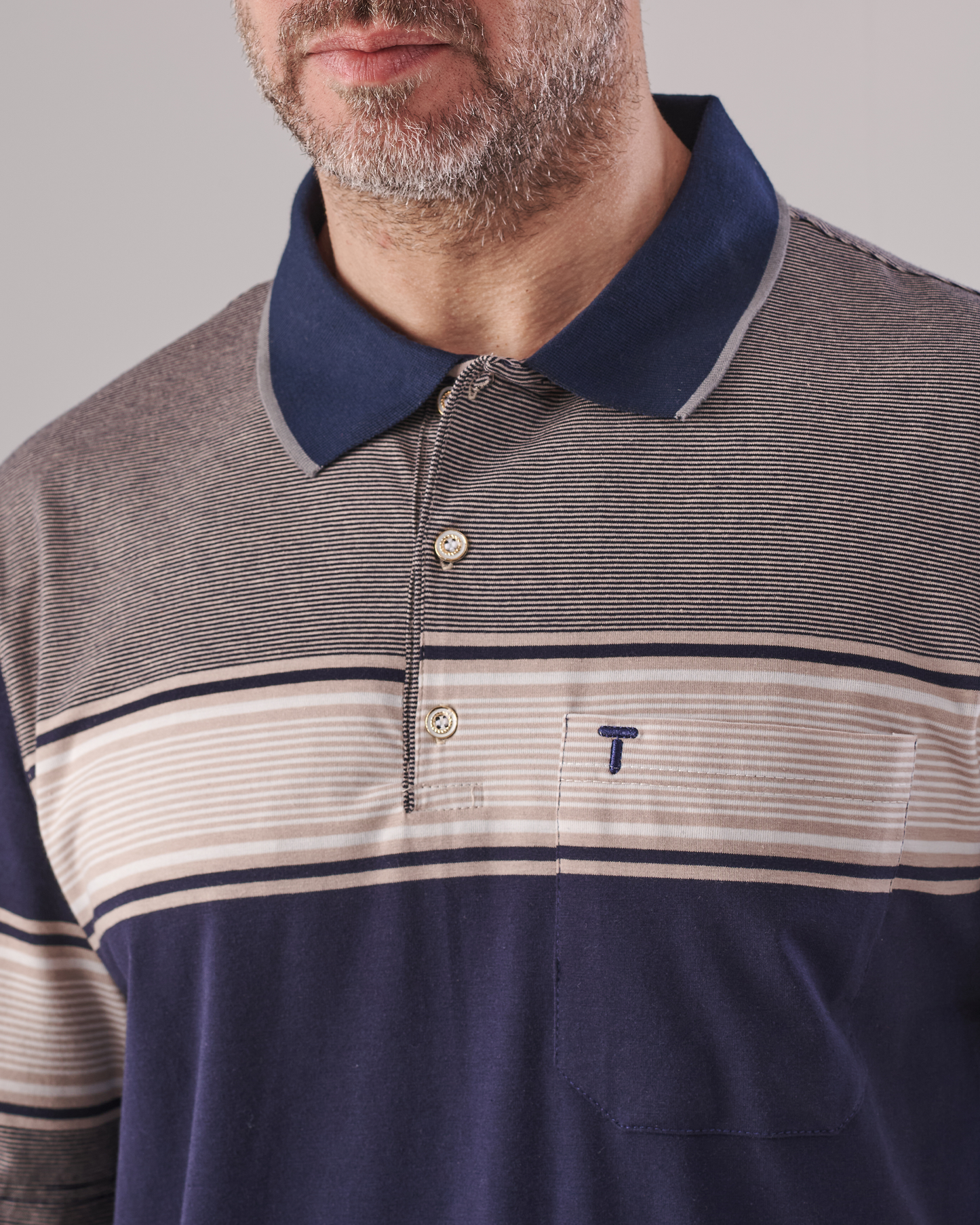 Navy Polo T-Shirt with Beige Striped Yoke
