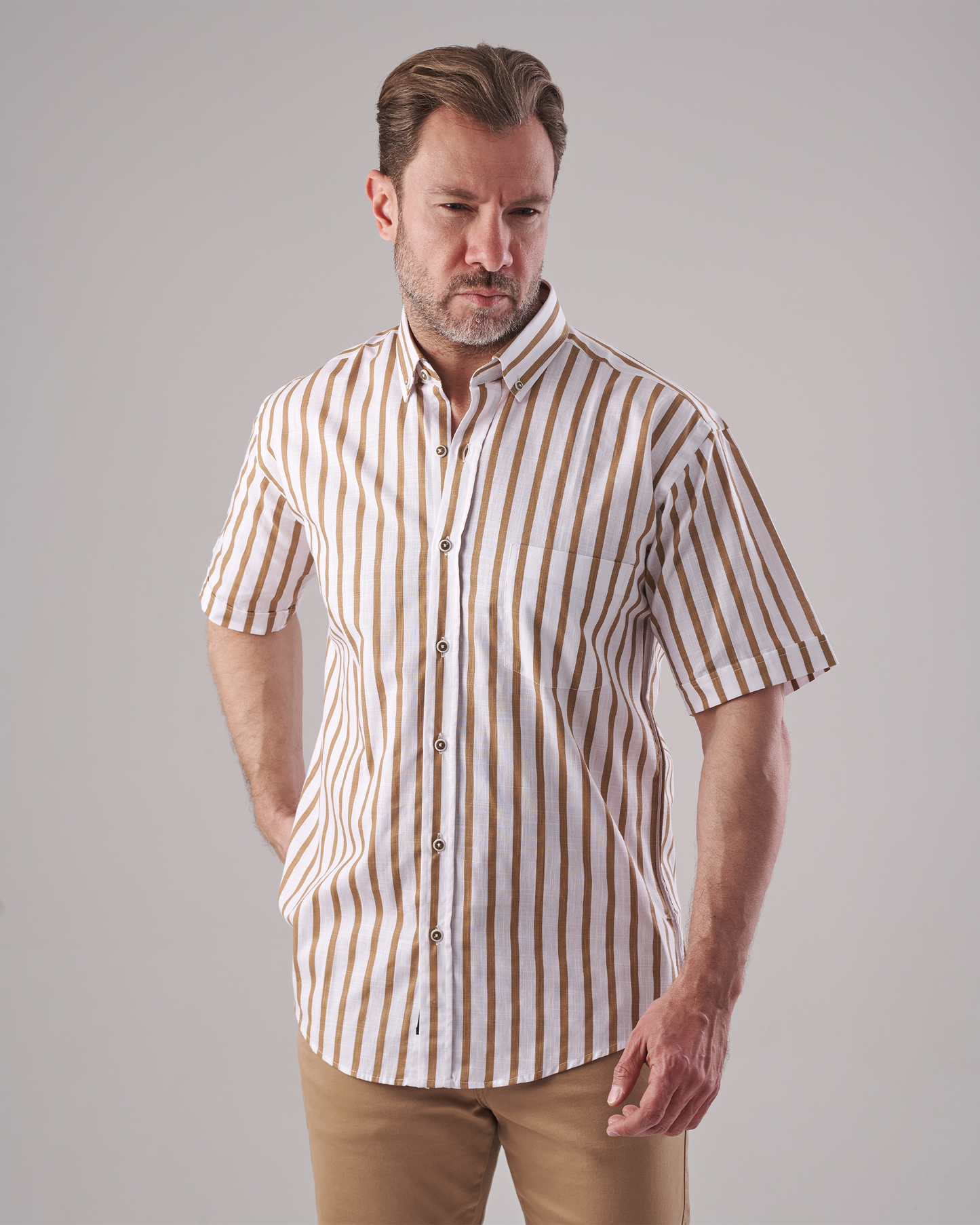 White Shirt with Wide Golden-Brown Stripes