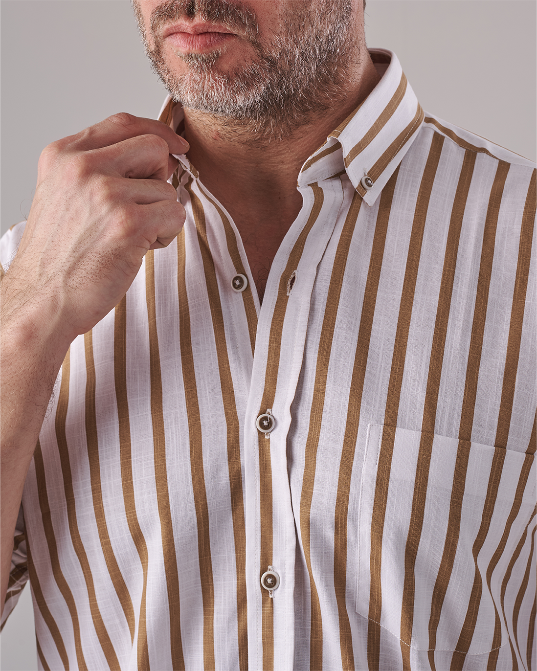 White Shirt with Wide Golden-Brown Stripes