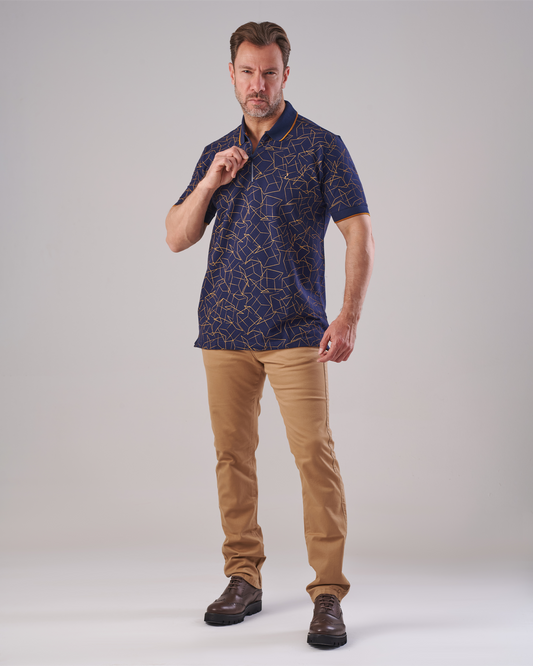Navy Polo T-Shirt – Classic Fit with Golden-Brown Pattern