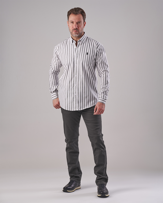 Oxford Shirt – White with Light Olive Wide Stripes