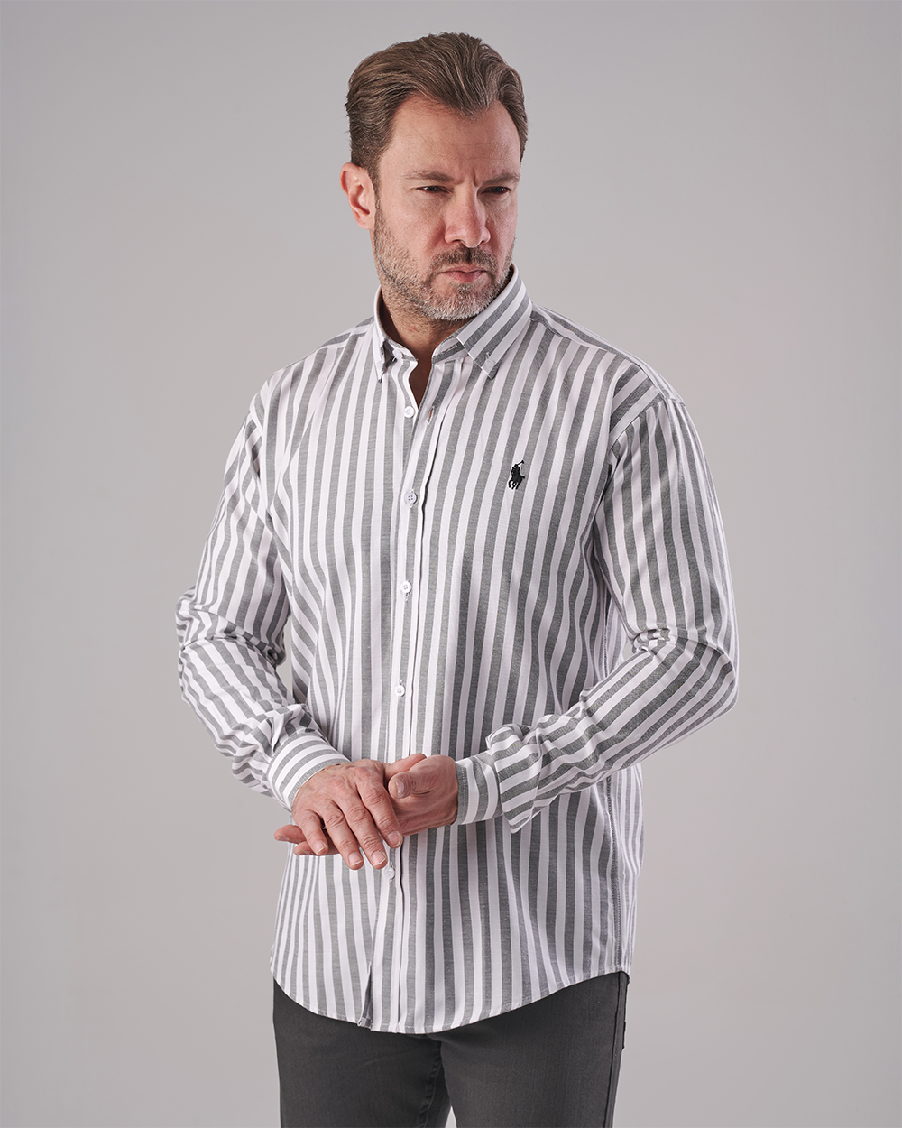 Oxford Shirt – White with Light Olive Wide Stripes