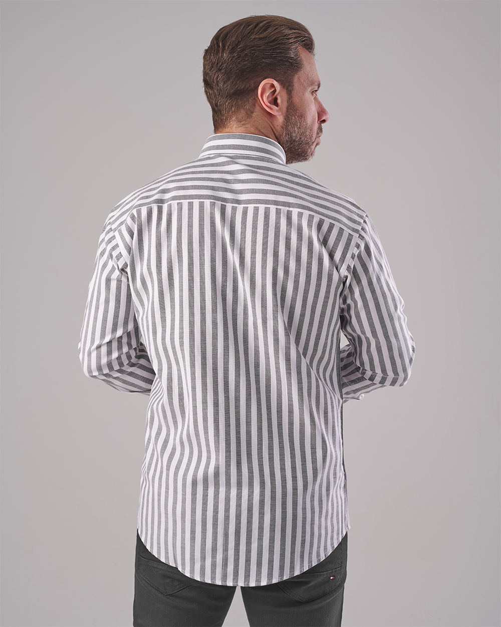 Oxford Shirt – White with Light Olive Wide Stripes