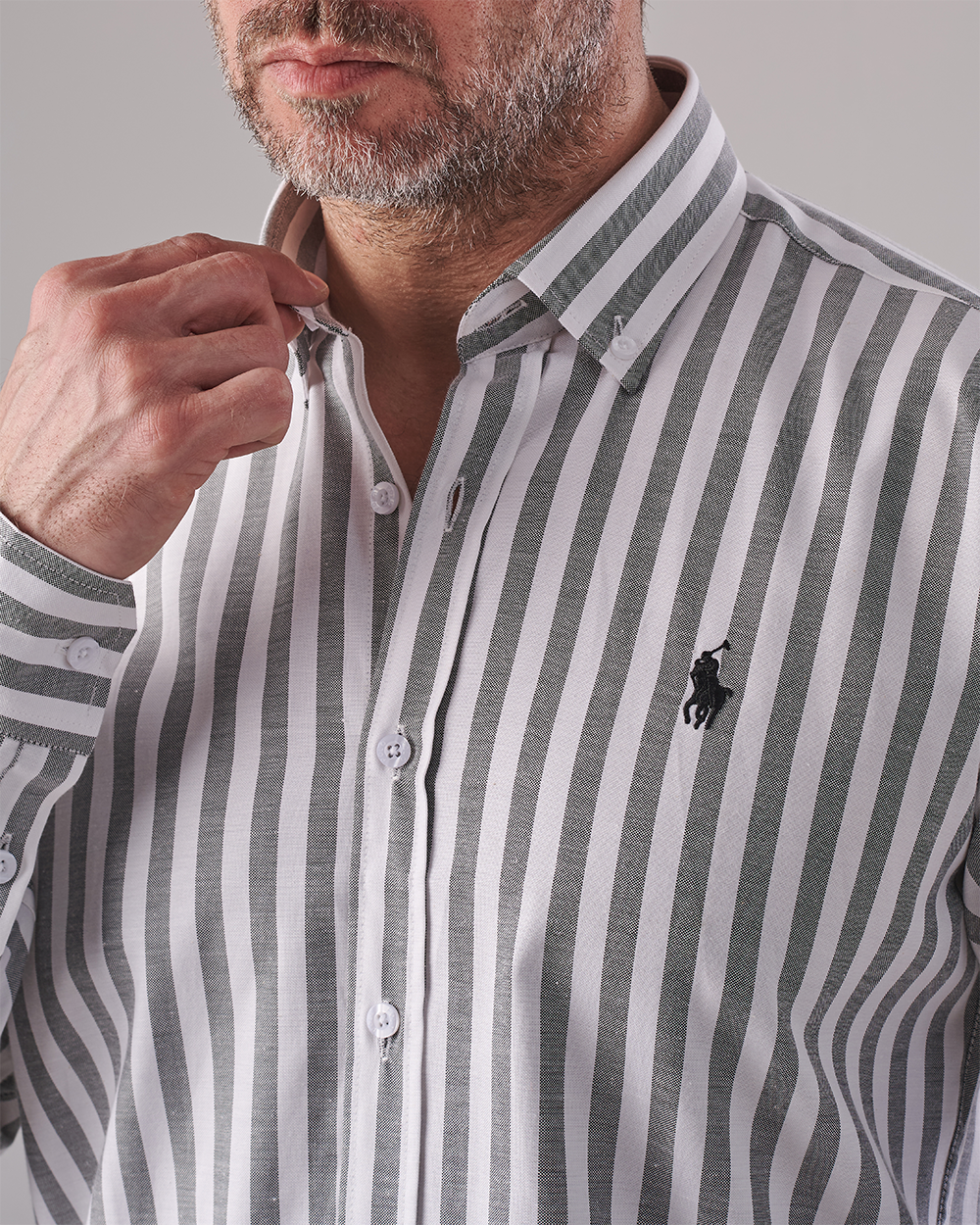 Oxford Shirt – White with Light Olive Wide Stripes