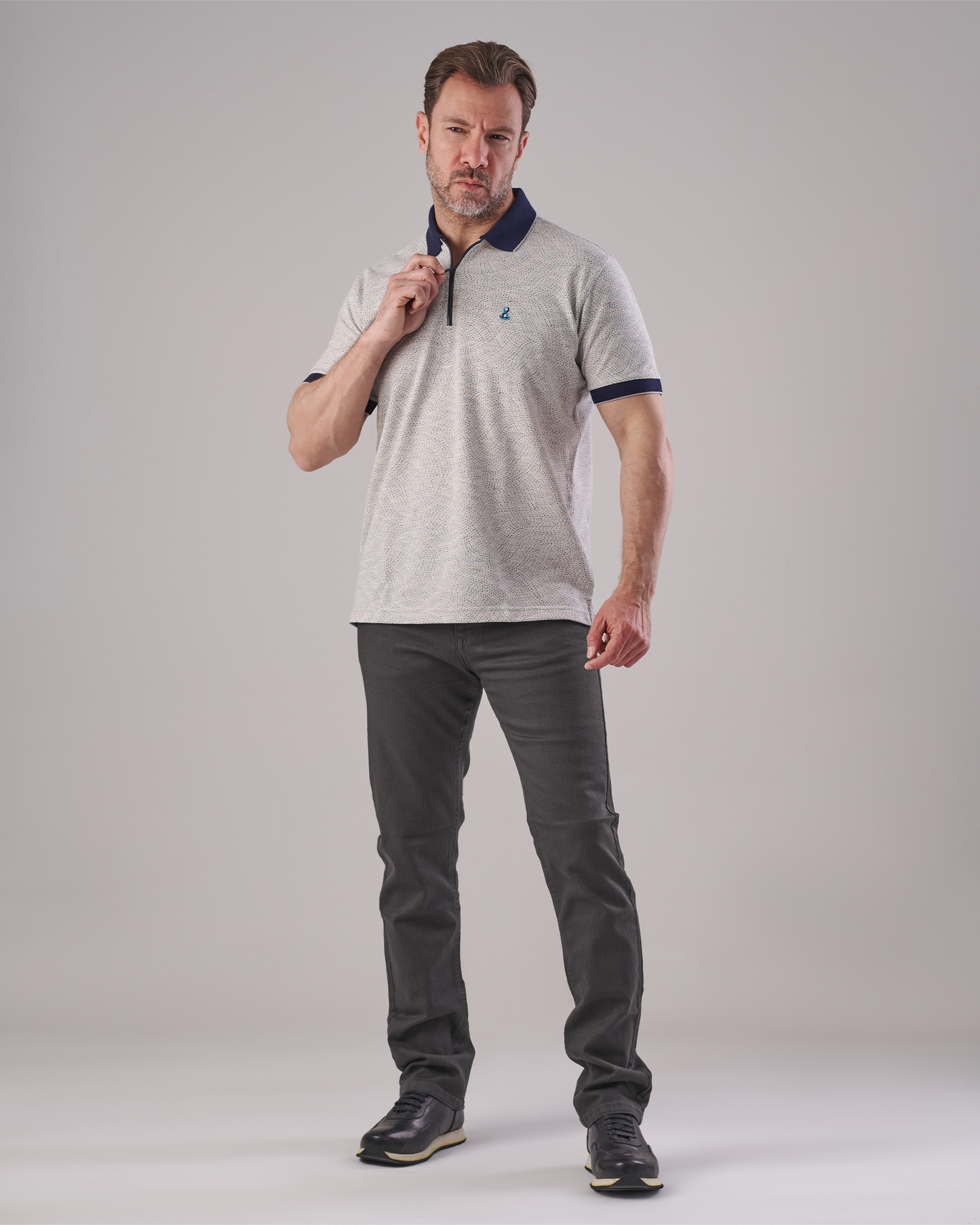 White Polo T-Shirt – Classic Fit with Navy Dots