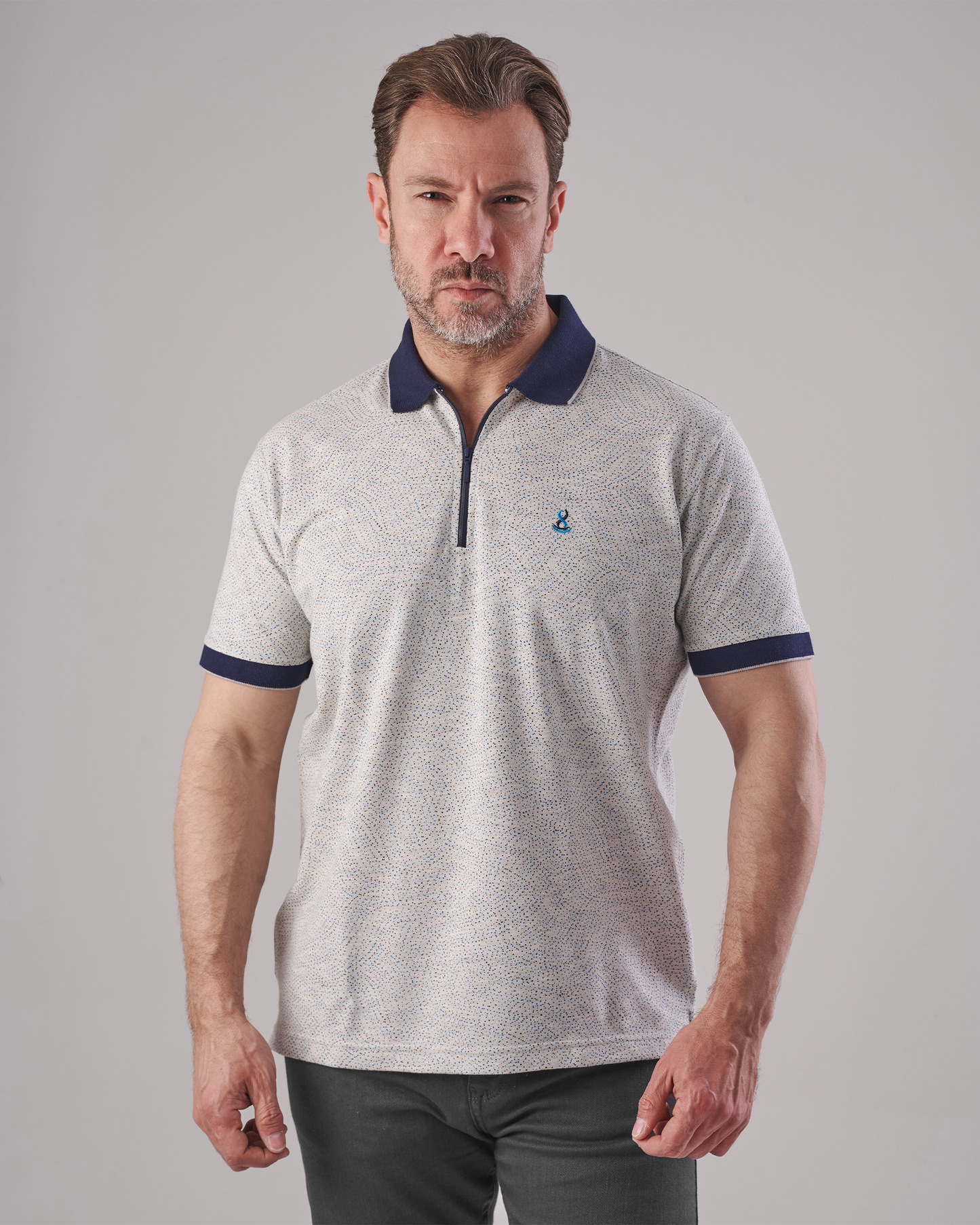 White Polo T-Shirt – Classic Fit with Navy Dots