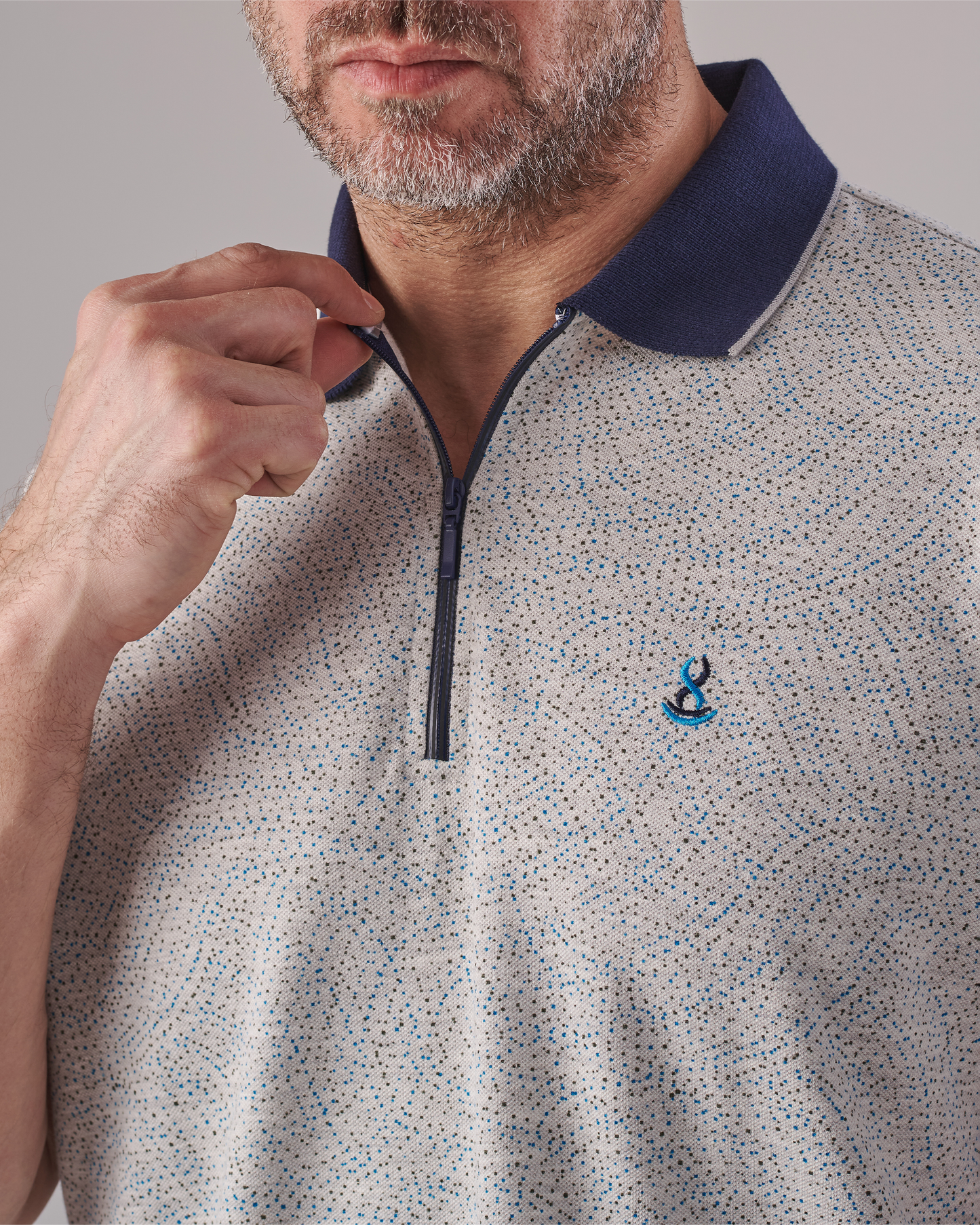 White Polo T-Shirt – Classic Fit with Navy Dots