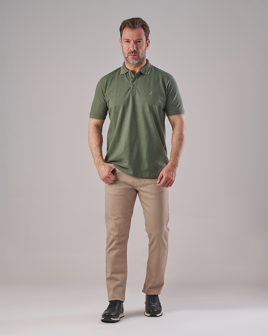 Olive Green Polo T-shirt - Light Mocha Accents - Regular Fit