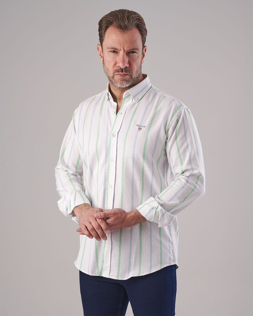 White Oxford Shirt - Vertical Stripes in Light Blue & Green