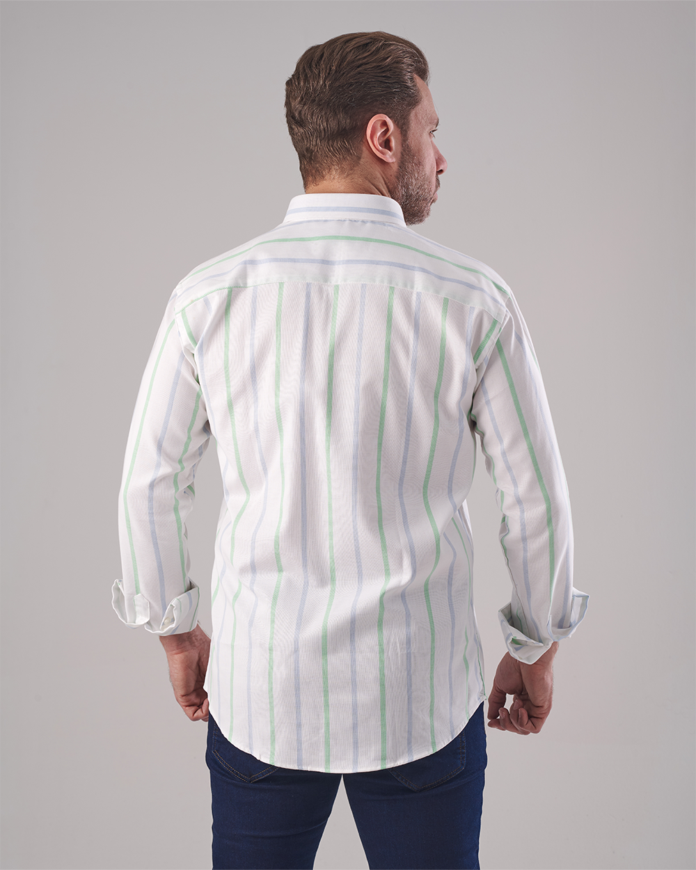 White Oxford Shirt - Vertical Stripes in Light Blue & Green