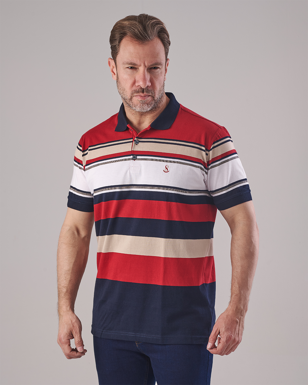 Multi-Stripe Polo T-shirt - Navy Collar
