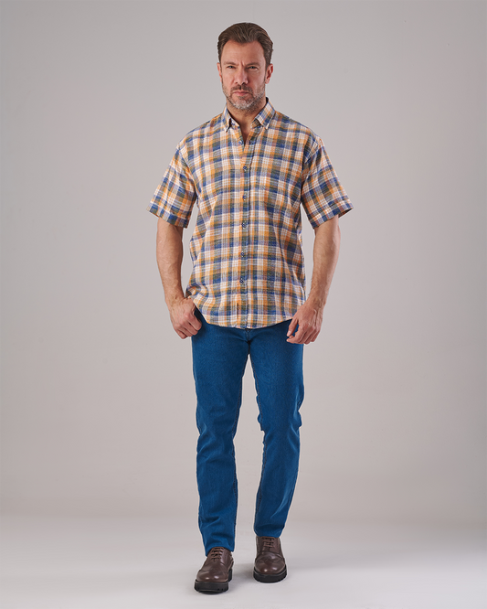 Orange-Blue-White Checkered Short Sleeve Shirt