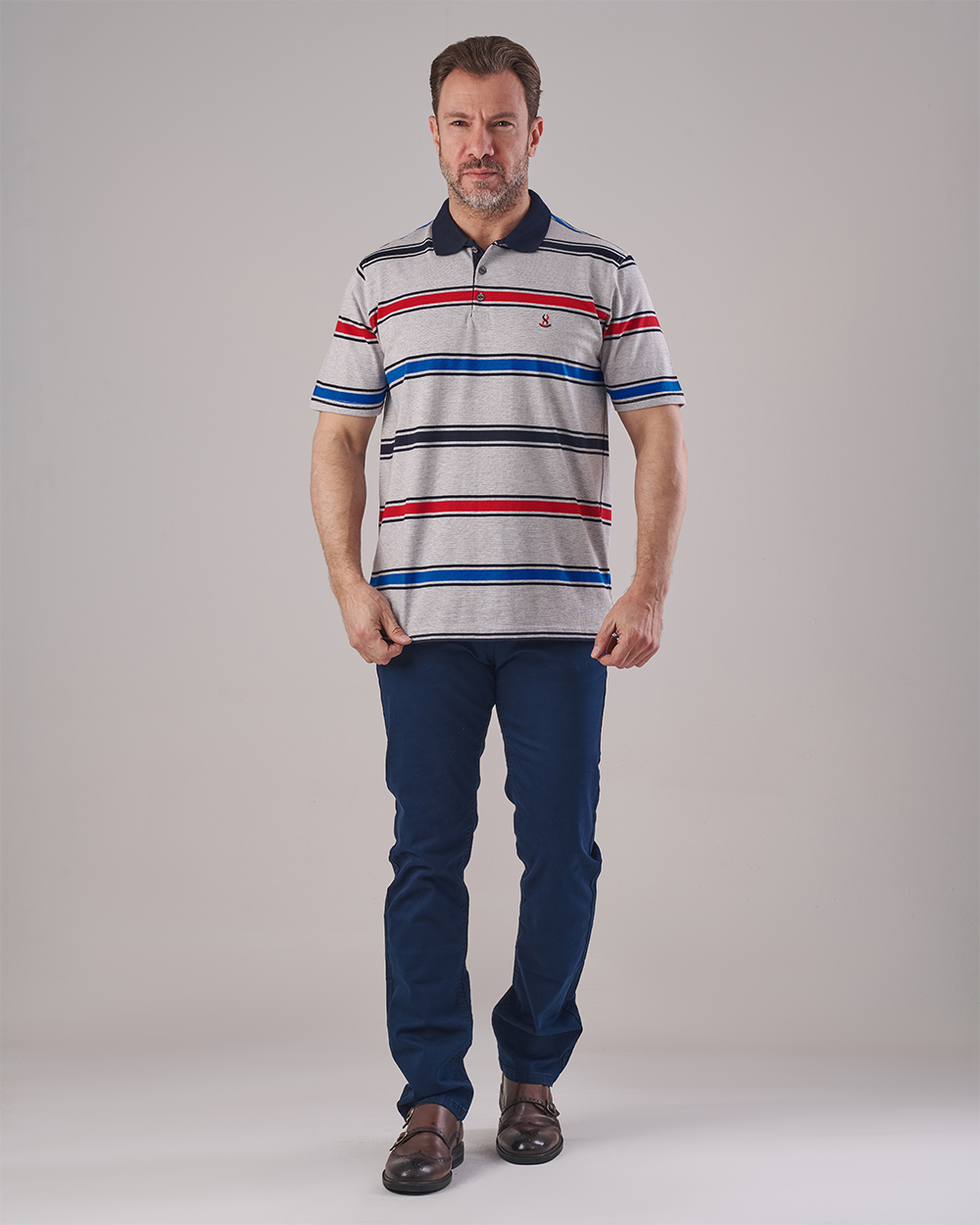Silver Grey Polo T-shirt – Horizontal Stripes in Navy, Red & Blue