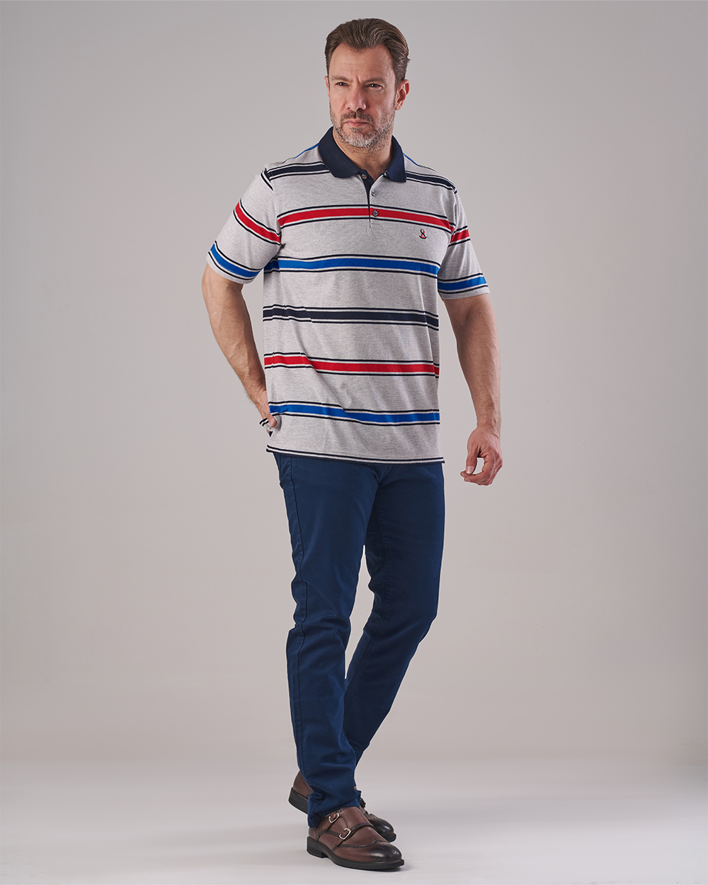 Silver Grey Polo T-shirt – Horizontal Stripes in Navy, Red & Blue