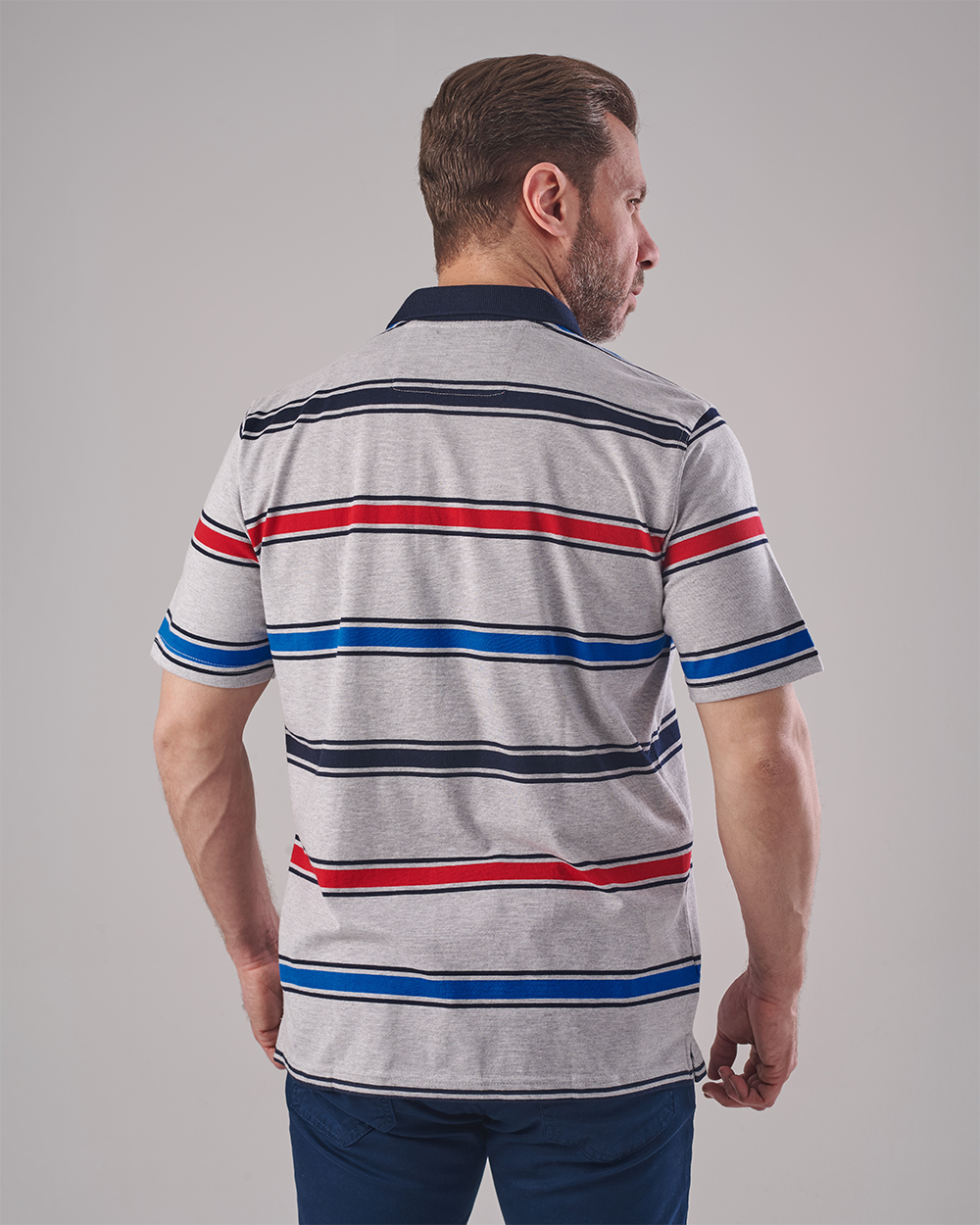 Silver Grey Polo T-shirt – Horizontal Stripes in Navy, Red & Blue
