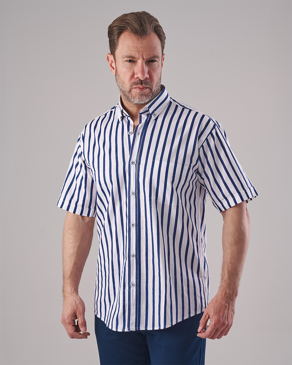 White Short Sleeve Shirt – Wide Blue Vertical Stripe