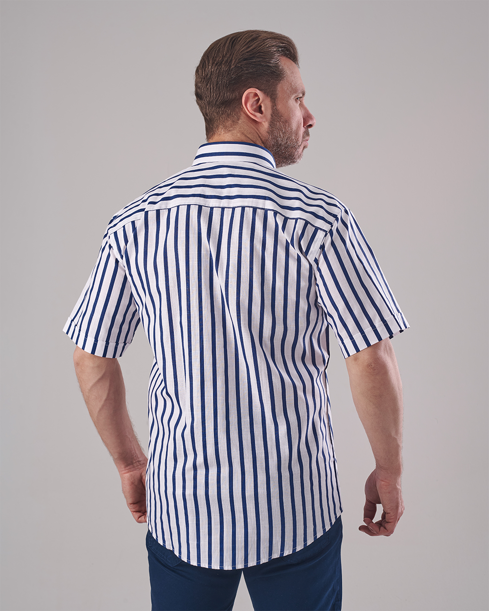 White Short Sleeve Shirt – Wide Blue Vertical Stripe