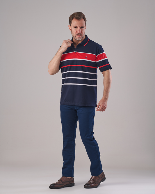 Navy Polo T-shirt – Horizontal Stripes in Red & White – Regular Fit
