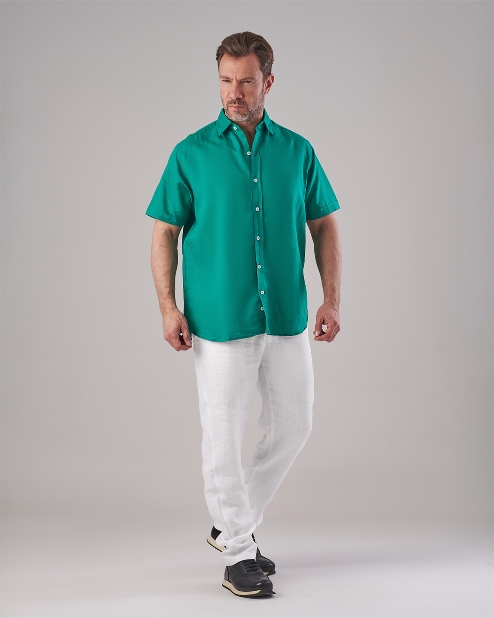 Green Linen Shirt – Short Sleeve – Plain – Regular Fit