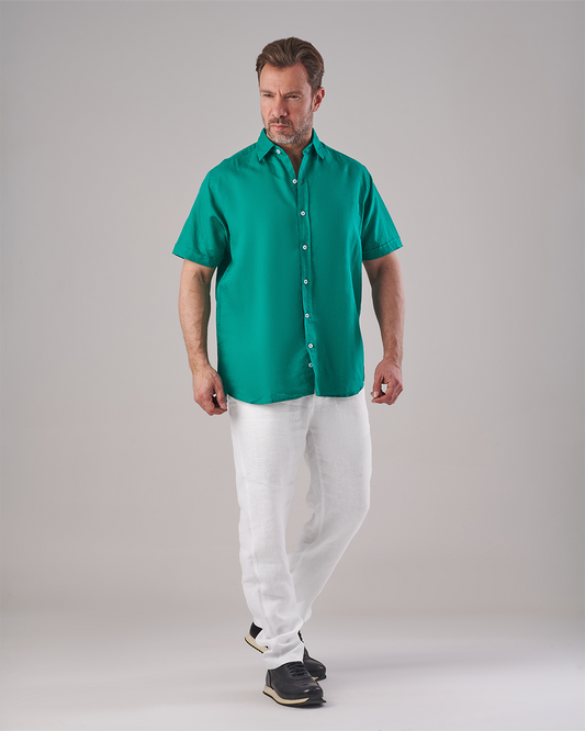 Green Linen Shirt – Short Sleeve – Plain – Regular Fit