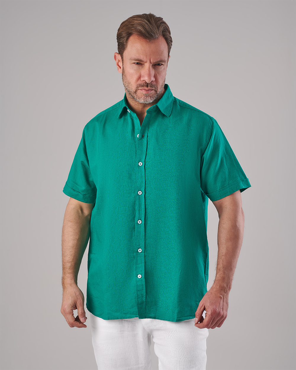 Green Linen Shirt – Short Sleeve – Plain – Regular Fit